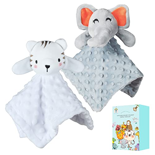 Cute Castle Security Blanket Baby Gifts Box - Soft Unisex Newborn Essentials for Boys and Girls - Neutral Baby Stuff Snuggle Cloths - Baby Registry Search Shower Gifts (White Tiger & Grey Elephant)