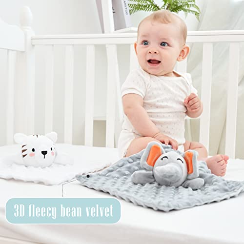 Cute Castle Security Blanket Baby Gifts Box - Soft Unisex Newborn Essentials for Boys and Girls - Neutral Baby Stuff Snuggle Cloths - Baby Registry Search Shower Gifts (White Tiger & Grey Elephant)