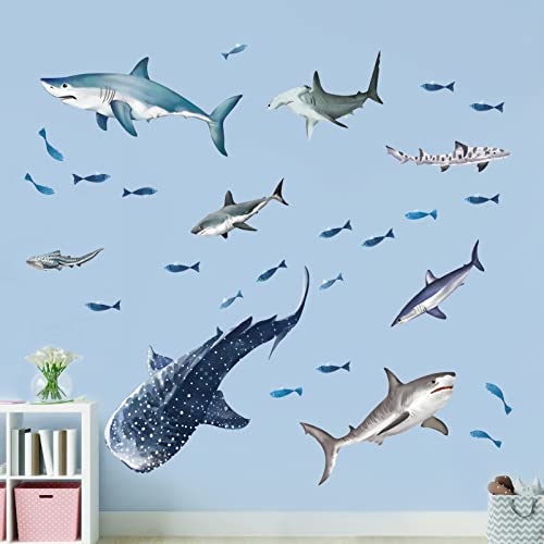 wondever Sharks Wall Stickers Under The Sea Fish Peel and Stick Wall Art Decals for Kids Room Baby Nursery Bathroom