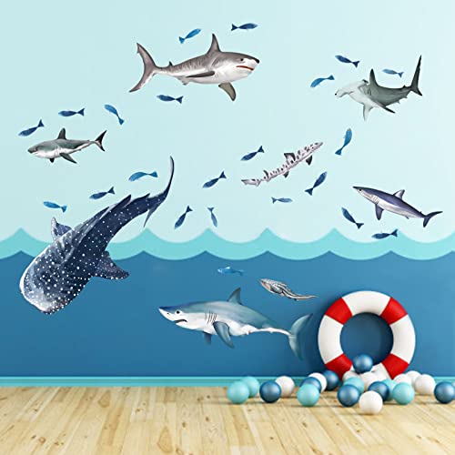 wondever Sharks Wall Stickers Under The Sea Fish Peel and Stick Wall Art Decals for Kids Room Baby Nursery Bathroom