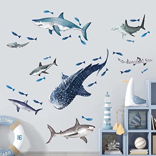 wondever Sharks Wall Stickers Under The Sea Fish Peel and Stick Wall Art Decals for Kids Room Baby Nursery Bathroom