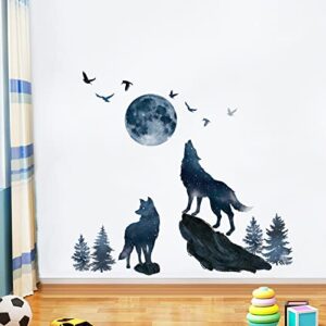 wondever Wolf and Moon Wall Stickers Wolves Mountain Peel and Stick Wall Art Decals for Bedroom Living Room Baby Nursery