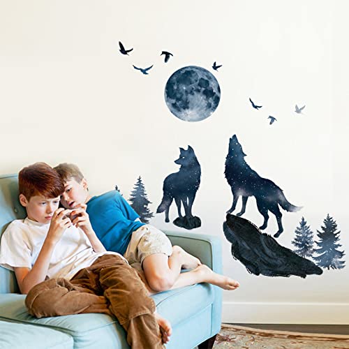 wondever Wolf and Moon Wall Stickers Wolves Mountain Peel and Stick Wall Art Decals for Bedroom Living Room Baby Nursery