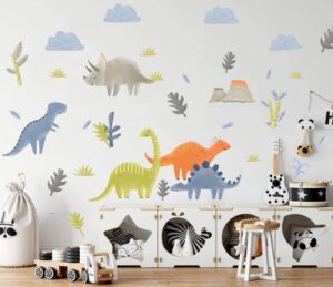 buckoo watercolor funny dinosaur wall decals - dinosaurs decorative volcanic wall stick - dinosaur removable wall stickers for kids room decor wall decals
