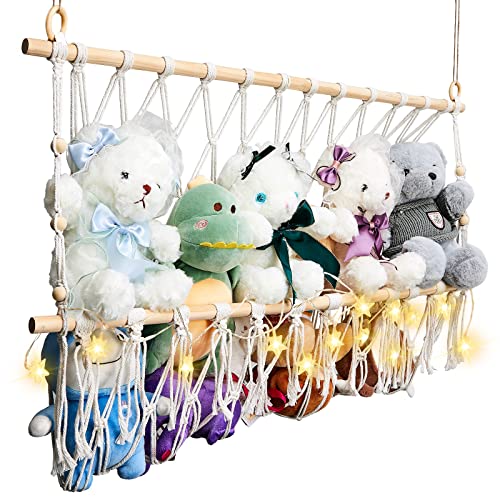 Stuffed Animal Storage Stuffed Animal Hammock Macrame Toy Hammock with LED Light for Neatly Store Animals and Plush Toys in Room for Hanging Stuff Animals for Nursery Play Room Bedroom (White)