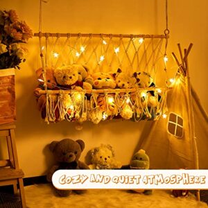 Stuffed Animal Storage Stuffed Animal Hammock Macrame Toy Hammock with LED Light for Neatly Store Animals and Plush Toys in Room for Hanging Stuff Animals for Nursery Play Room Bedroom (White)