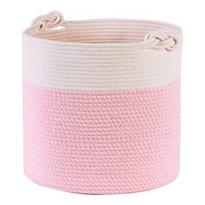 pink storage basket, woven cotton rope basket 15" x 15" x 13.8" laundry hamper blanket basket with handle for baby girl toy cloth organizing