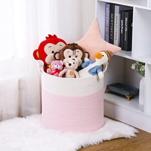 Pink Storage Basket, Woven Cotton Rope Basket 15" x 15" x 13.8" Laundry Hamper Blanket Basket with Handle for Baby Girl Toy Cloth Organizing