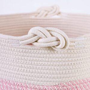 Pink Storage Basket, Woven Cotton Rope Basket 15" x 15" x 13.8" Laundry Hamper Blanket Basket with Handle for Baby Girl Toy Cloth Organizing