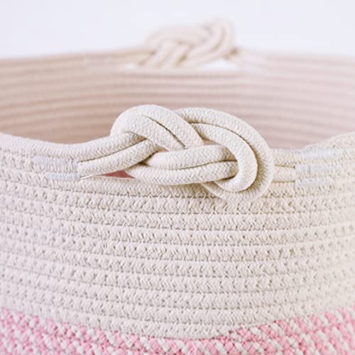 Pink Storage Basket, Woven Cotton Rope Basket 15" x 15" x 13.8" Laundry Hamper Blanket Basket with Handle for Baby Girl Toy Cloth Organizing