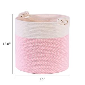 Pink Storage Basket, Woven Cotton Rope Basket 15" x 15" x 13.8" Laundry Hamper Blanket Basket with Handle for Baby Girl Toy Cloth Organizing