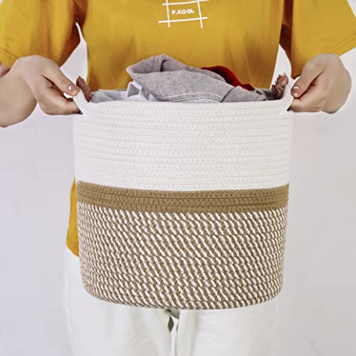 11x11x11 inch Cotton Rope Baskets for Shelf, Cube Storage Bins for Toy Cloth Blanket Organizing, Baby Nursery Basket, 3 Pack White & Brown