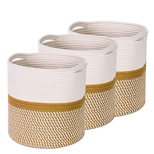 11x11x11 inch Cotton Rope Baskets for Shelf, Cube Storage Bins for Toy Cloth Blanket Organizing, Baby Nursery Basket, 3 Pack White & Brown