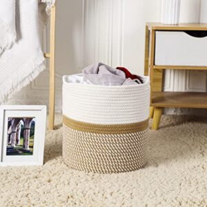 11x11x11 inch Cotton Rope Baskets for Shelf, Cube Storage Bins for Toy Cloth Blanket Organizing, Baby Nursery Basket, 3 Pack White & Brown