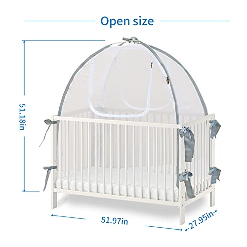 Baby Crib Tent Safety Net, Durable Strong Self-Locking Zippers, Protects from Climbing Out and, Insects, Mosquitoes, Installs with Rods (Crib 52.25" - 28.25")