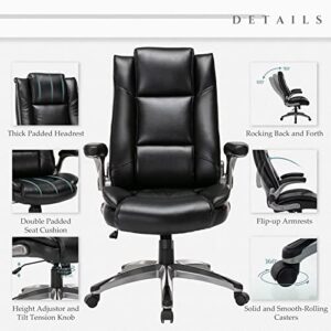 COLAMY Leather Executive Office Chair- High Back Home Computer Desk Chair with Padded Flip-up Arms, Adjustable Tilt Lock, Swivel Rolling Ergonomic Chair for Adult Working Study