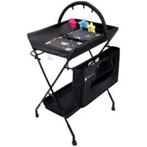 portable baby changing table - waterproof diaper changing table with wheels, adjustable height folding diaper station with safety belt, large storage racks for newborn baby and infant - ocean, black