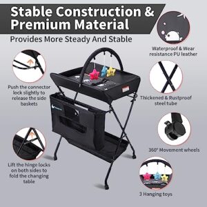 Portable Baby Changing Table - Waterproof Diaper Changing Table with Wheels, Adjustable Height Folding Diaper Station with Safety Belt, Large Storage Racks for Newborn Baby and Infant - Ocean, Black