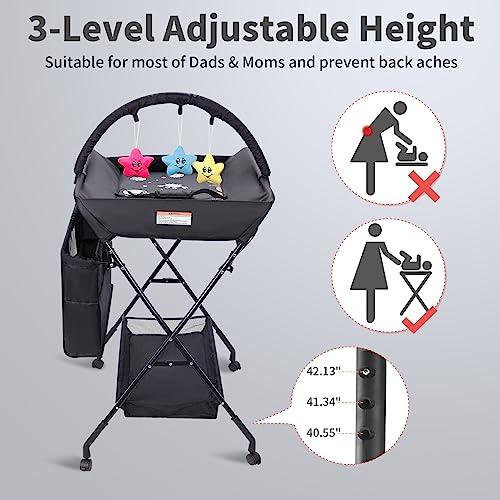 Portable Baby Changing Table - Waterproof Diaper Changing Table with Wheels, Adjustable Height Folding Diaper Station with Safety Belt, Large Storage Racks for Newborn Baby and Infant - Ocean, Black