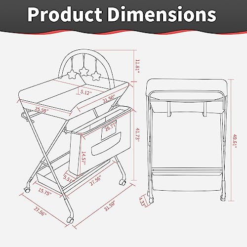 Portable Baby Changing Table - Waterproof Diaper Changing Table with Wheels, Adjustable Height Folding Diaper Station with Safety Belt, Large Storage Racks for Newborn Baby and Infant - Ocean, Black