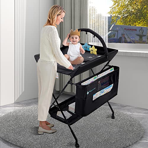 Portable Baby Changing Table - Waterproof Diaper Changing Table with Wheels, Adjustable Height Folding Diaper Station with Safety Belt, Large Storage Racks for Newborn Baby and Infant - Ocean, Black