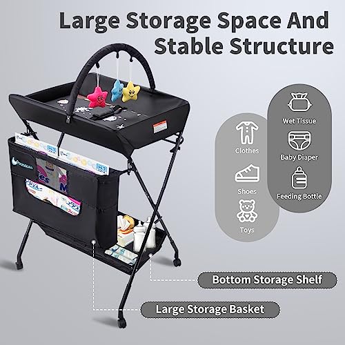 Portable Baby Changing Table - Waterproof Diaper Changing Table with Wheels, Adjustable Height Folding Diaper Station with Safety Belt, Large Storage Racks for Newborn Baby and Infant - Ocean, Black