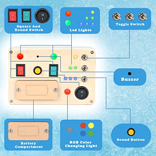 LED Light Switch Busy Board Montessori Toy Button Busy Board Kids Wooden Control Panel Kids Toy Activity Sensory Board Fidget Toy for Toddlers 1 2 3 Year Old