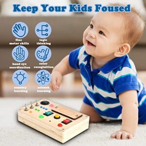 LED Light Switch Busy Board Montessori Toy Button Busy Board Kids Wooden Control Panel Kids Toy Activity Sensory Board Fidget Toy for Toddlers 1 2 3 Year Old