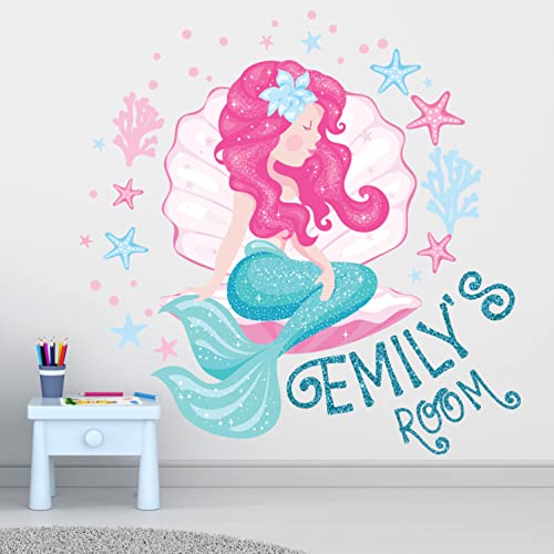 Kyle Cornhole Little Mermaid Wall Decal Decor for Girls Bedroom - Large Tail Stickers Room Custom Name Pink Art Nursery KA1697, Green,Pink