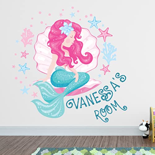 Kyle Cornhole Little Mermaid Wall Decal Decor for Girls Bedroom - Large Tail Stickers Room Custom Name Pink Art Nursery KA1697, Green,Pink