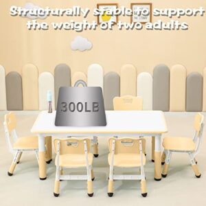 monleelnom Children's Table and Chair Set Suitable for Boys and Girls Age 2-12 Height Adjustable Table top Can be Painted with 6 Seats Suitable for Family Learning Daily use (Wood Color)