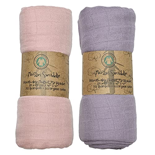 Baby Muslin Swaddle Blankets - Baby Swaddle Blanket for Baby Girl and Baby Boy, Soft Organic Bamboo Cotton Muslin Blanket, Light Breathable, Swaddle Wrap Receiving, 2 Pack, 47 x 47 Inches