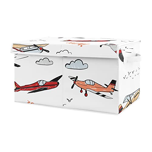 Sweet Jojo Designs Vintage Airplane Boy Small Fabric Toy Bin Storage Box Chest For Baby Nursery Kids Room - Grey Yellow Orange Red White Blue Airplanes Air Plane Transportation Clouds Sun Sky Aviator