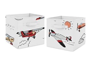 sweet jojo designs vintage airplane foldable fabric storage cube bins boxes organizer toys kids baby childrens - set of 2 - grey yellow orange red white blue airplanes air plane transportation clouds