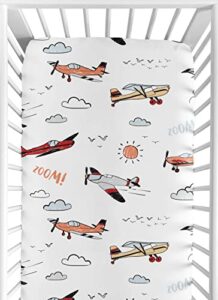 sweet jojo designs vintage airplane boy fitted crib sheet baby or toddler bed nursery - grey yellow orange red white and blue airplanes air plane transportation clouds sun sky aviator aviation