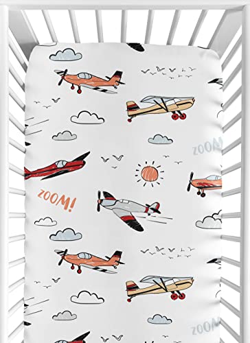 Sweet Jojo Designs Vintage Airplane Boy Fitted Crib Sheet Baby or Toddler Bed Nursery - Grey Yellow Orange Red White and Blue Airplanes Air Plane Transportation Clouds Sun Sky Aviator Aviation