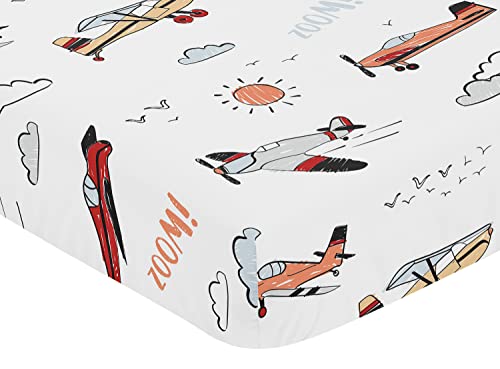 Sweet Jojo Designs Vintage Airplane Boy Fitted Crib Sheet Baby or Toddler Bed Nursery - Grey Yellow Orange Red White and Blue Airplanes Air Plane Transportation Clouds Sun Sky Aviator Aviation