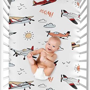 Sweet Jojo Designs Vintage Airplane Boy Fitted Crib Sheet Baby or Toddler Bed Nursery - Grey Yellow Orange Red White and Blue Airplanes Air Plane Transportation Clouds Sun Sky Aviator Aviation