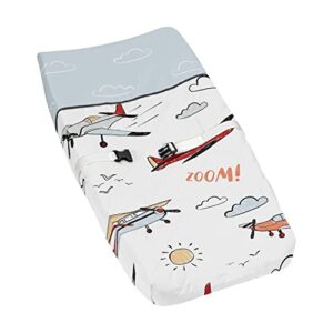 sweet jojo designs vintage airplane boy baby nursery changing pad cover - grey yellow orange red white and blue airplanes air plane transportation clouds sun sky aviator aviation