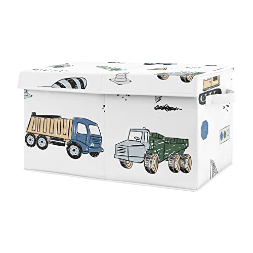 Sweet Jojo Designs Construction Truck Boy Small Fabric Toy Bin Storage Box Chest For Baby Nursery or Kids Room - Grey Yellow Black Blue and Green Transportation