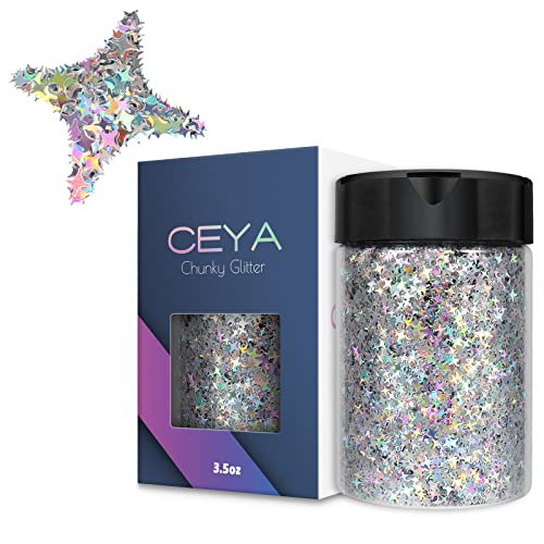 Ceya Holographic Cross Star 4mm Confetti Glitter, 2.7oz/ 77g Laser Silver Chunky Glitter Resin Sparkle Flakes Iridescent Nail Sequin for DIY Crafts, Slime, Nail Art, Festival Party Decor, Wedding Card