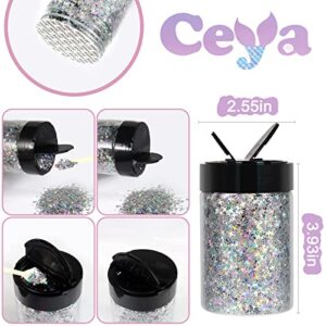 Ceya Holographic Cross Star 4mm Confetti Glitter, 2.7oz/ 77g Laser Silver Chunky Glitter Resin Sparkle Flakes Iridescent Nail Sequin for DIY Crafts, Slime, Nail Art, Festival Party Decor, Wedding Card