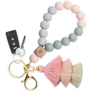 Bisanzoya Beaded Keychain with Tassel, Silicone Key Ring Bracelet, Boho Car Key Chain Wristlet Cute Tassel for Women and Girls (Pink)