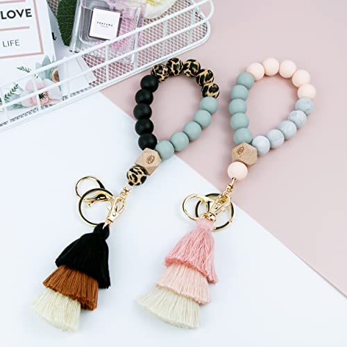 Bisanzoya Beaded Keychain with Tassel, Silicone Key Ring Bracelet, Boho Car Key Chain Wristlet Cute Tassel for Women and Girls (Pink)