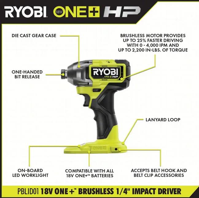 RYOBI ONE+ HP 18V Brushless Cordless 1/4 in. Impact Driver (Tool Only) - PBLID01B