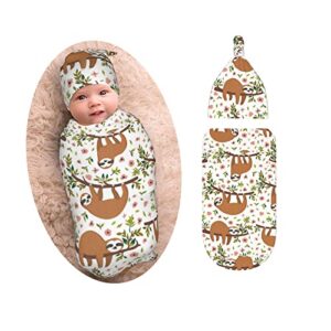 cute sloth newborn swaddle blanket and hat set boy girl, soft stretchy baby receiving blanket sleep sack for infants gift