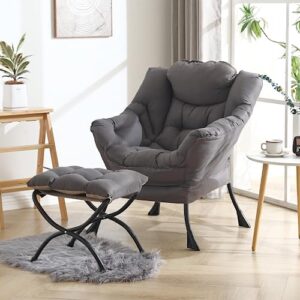 Welnow Lazy Chair with Ottoman, Modern Lounge Accent Chair with Armrests and a Side Pocket, Leisure Upholstered Sofa Chair Set, Reading Chair with Footrest for Small Space, Corner Chair, Dark Grey