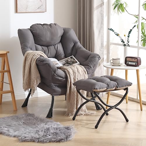 Welnow Lazy Chair with Ottoman, Modern Lounge Accent Chair with Armrests and a Side Pocket, Leisure Upholstered Sofa Chair Set, Reading Chair with Footrest for Small Space, Corner Chair, Dark Grey