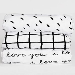 nodnal co. 3 fitted crib sheets black/white set for baby toddler mattress - 100% oeko-tex cotton gender neutral for girl/boy nursery bedding - i love you, plaid & abstract polka dots 28”x52”x9” sheet