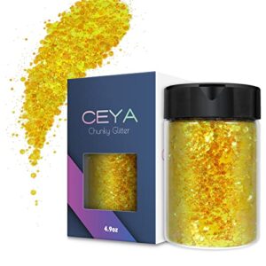 ceya chunky glitter, 4.9oz/ 140g lemon yellow craft glitter powder mixed fine flakes iridescent nail sequins for nail art, hair, epoxy resin, tumblers, slime, painting, festival decor